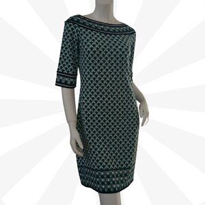 Max Studio Green Shift Dress 3/4 Sleeve Boat Neck Knee Length Print Size S